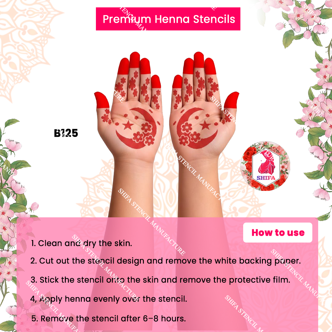 B125 (age 5 to 10) Blossom Moon Serenade double hand Henna Stencil